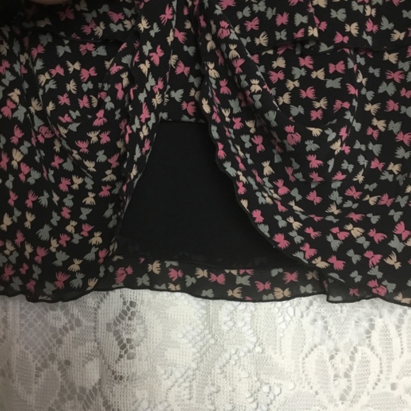 Trina Turk 93% Silk Mini Skirt Tiered Ruffle Black Colorful Abstract Bow Print 6 - Picture 2 of 5